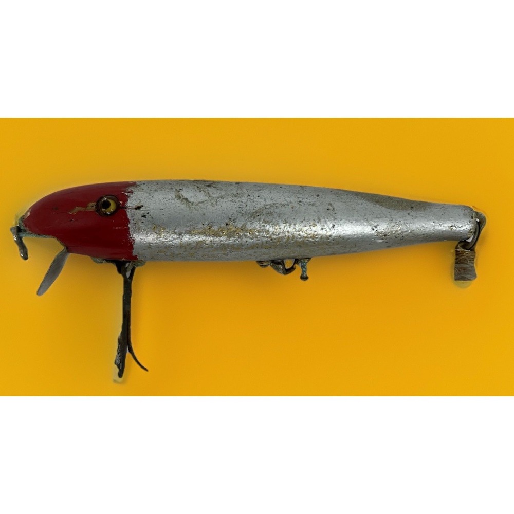 Vintage‎ Pflueger Palomine Wood Fishing Lure Red Head Silver Glass Eyes
